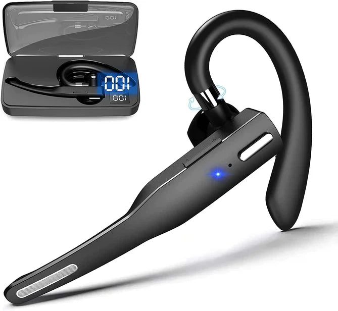 Black noise-cancelling headset with curved ear hook and blue LED, shown with charging case
