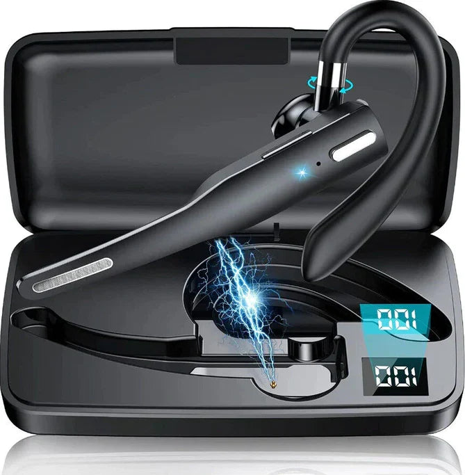 Black noise-cancelling headset in hard case with blue LED, charging display shown