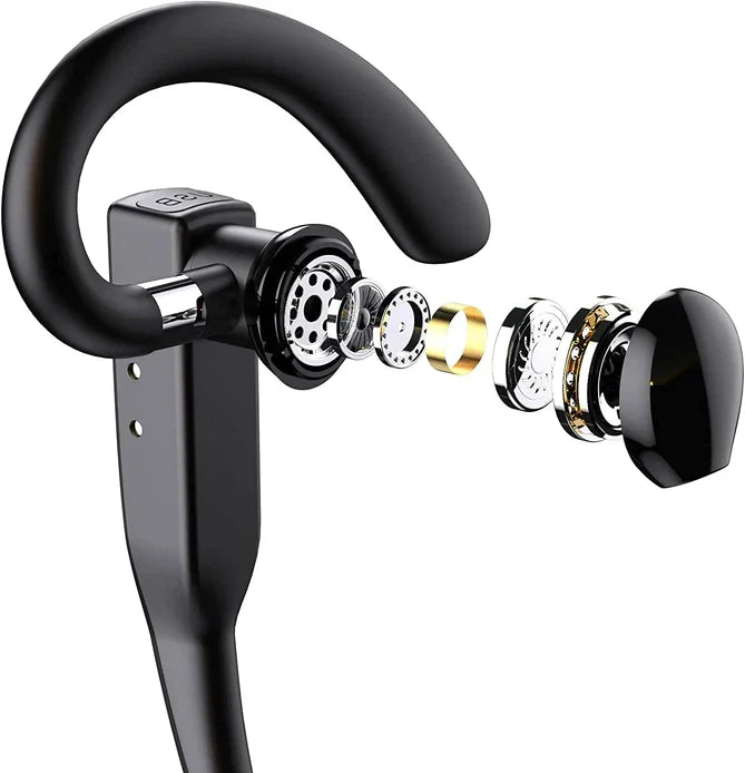 Black earhook headset with exposed speaker components, close-up mechanical view