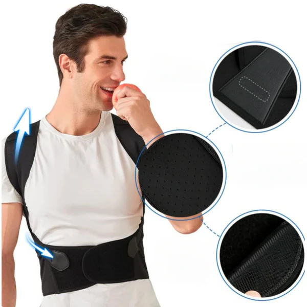 Black posture correction back brace with cushioned, adjustable support belt detail.