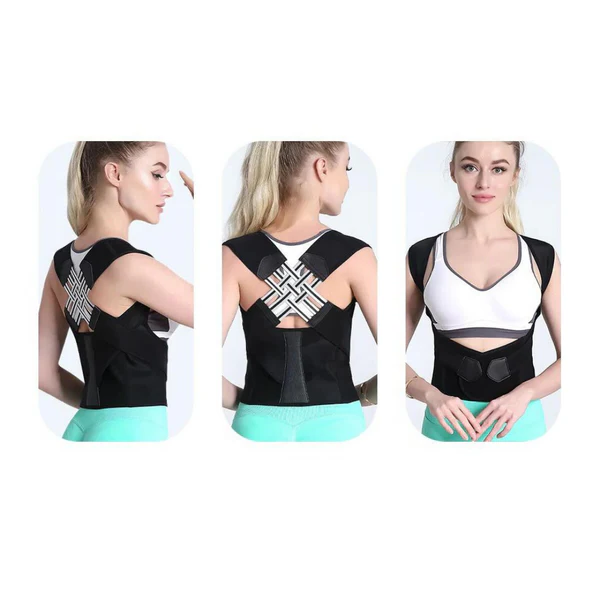 Black posture correction back brace shown on a person from side and back angles.