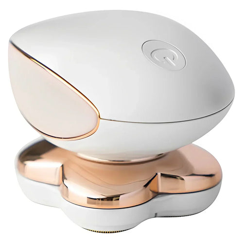 Electric smooth skin shaver, white and gold with power button and foil head