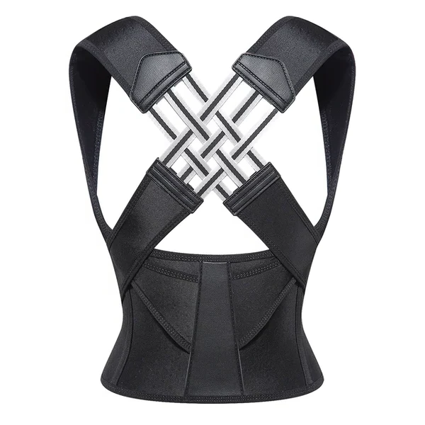 Black posture correction back brace with adjustable shoulder straps and supportive back panel.