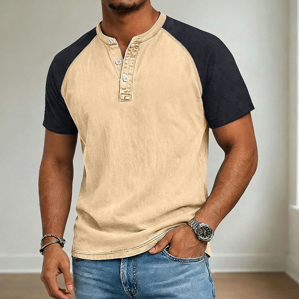 Vintage wash henley shirt, full look styled view
