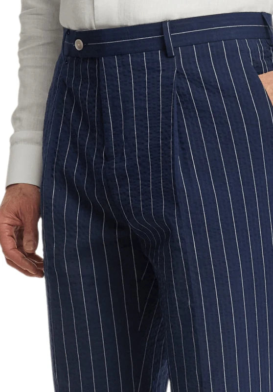 Slim tapered pinstripe trousers, close-up detail