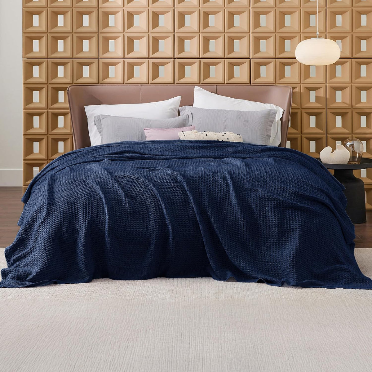Cotton waffle-weave cooling blanket, dark navy with textured waffle pattern