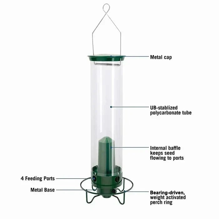 Diagram of green and clear bird feeder with internal baffle and perches