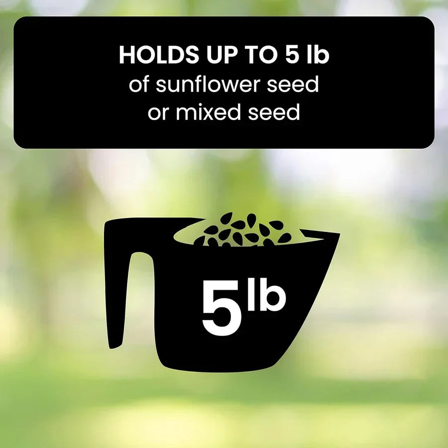 Green bird feeder holds up to 5 lb of sunflower or mixed seed