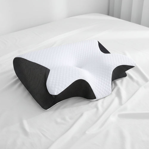White quilted side-sleeper memory foam pillow with dark contour cutout edges