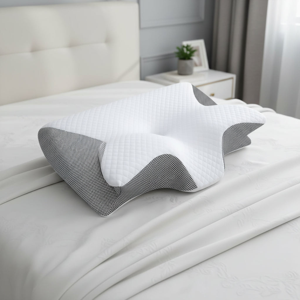 White memory foam side sleeper pillow with wave-shaped contour and dark side panels