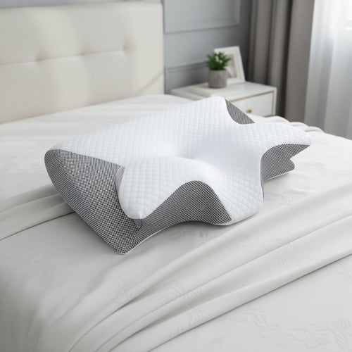 White memory foam side sleeper pillow with wave-shaped contour and dark side panels