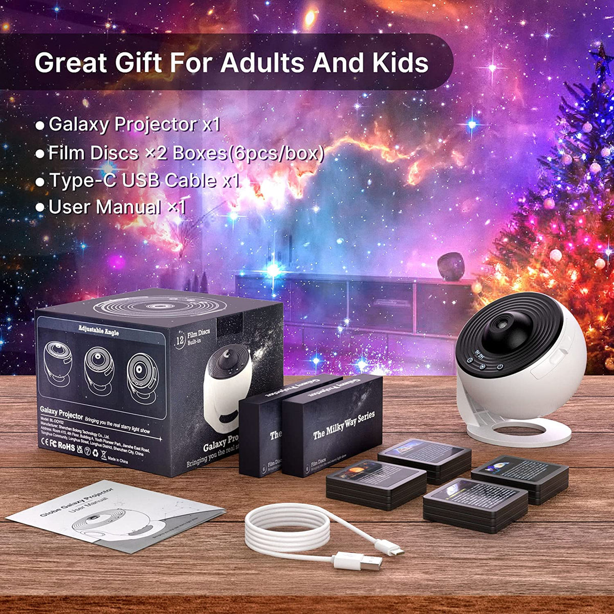 Galaxy projector set with film discs, USB cable, and user manual on a festive background