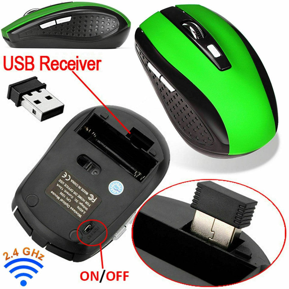 Wireless optical mouse with USB receiver and bottom ON/OFF view, green