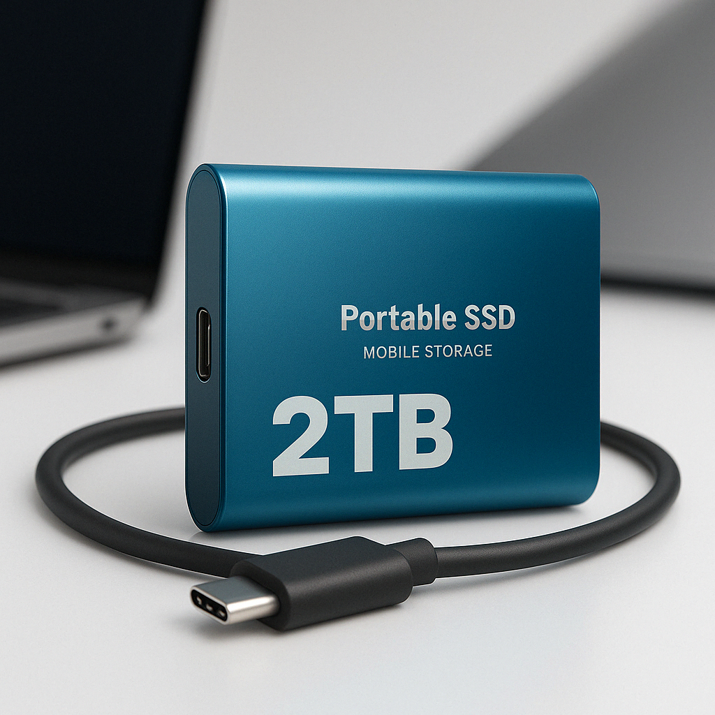 Blue 2TB portable SSD drive with USB-C cable and connector