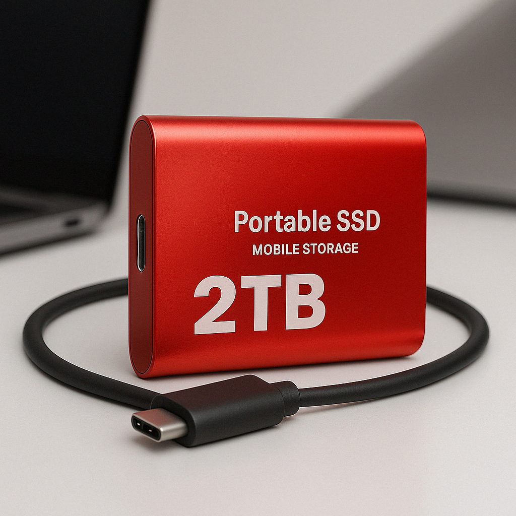 Red portable SSD with '2TB' and 'Portable SSD Mobile Storage' text on a light gray background