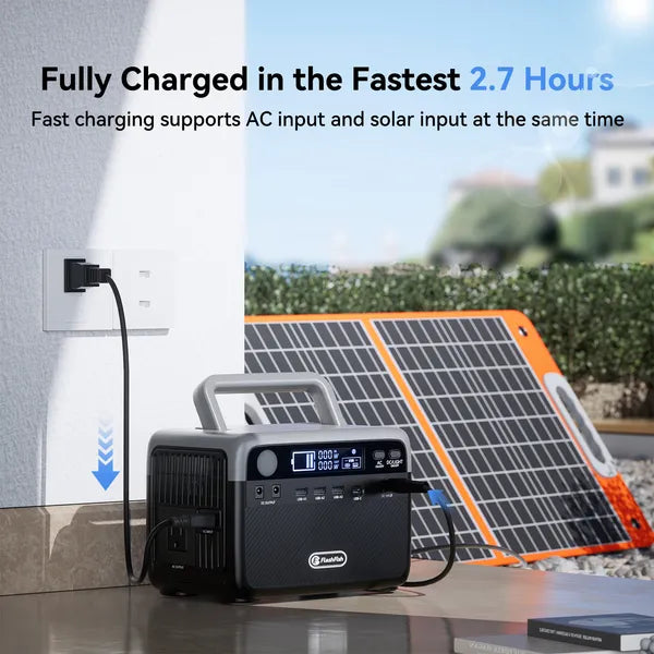 Portable power station with orange fold-out solar panel, black front outlets and display
