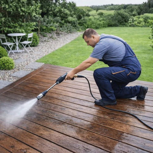 Person cleaning a wooden deck with a pressure washer in a garden setting.
