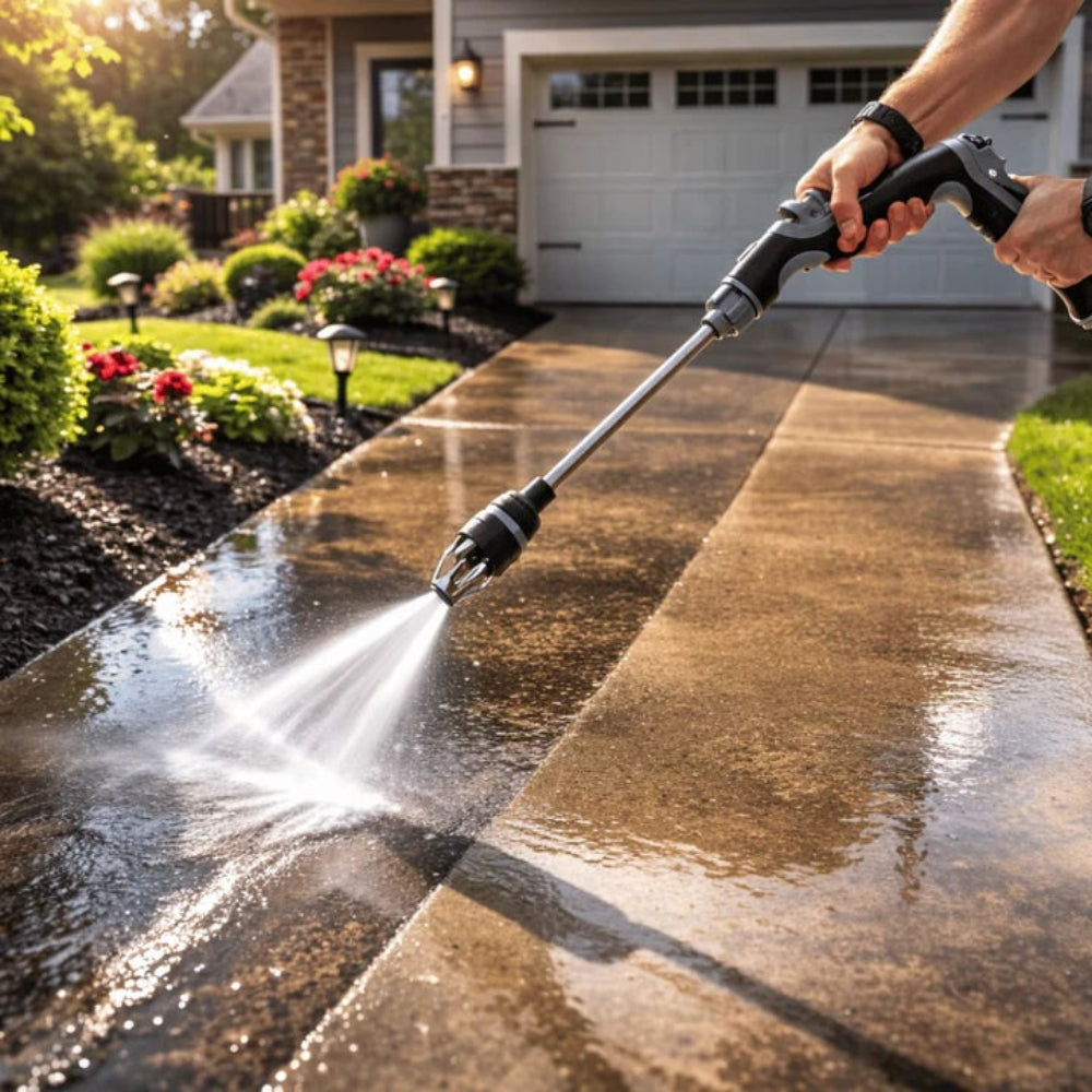 Garden hose pressure nozzle attachment spraying a wide fan jet from black handle