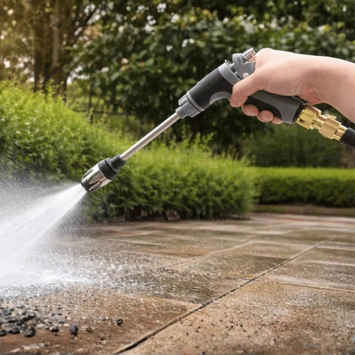 Garden hose pressure nozzle attachment with black sprayer and long metal wand