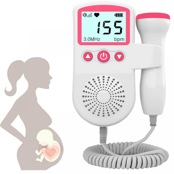 Fetal heart rate monitor with red-trim LCD, speaker grille, and connected probe cord