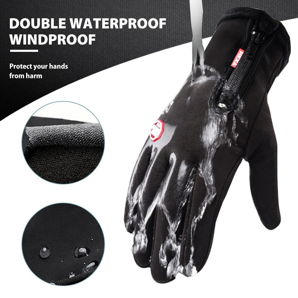 Black waterproof windproof cycling gloves with zip closure and fabric texture