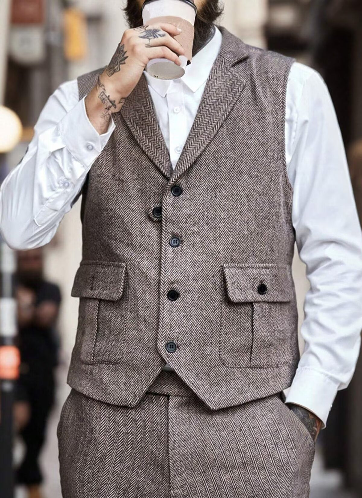 Notch lapel herringbone vest, styled front view
