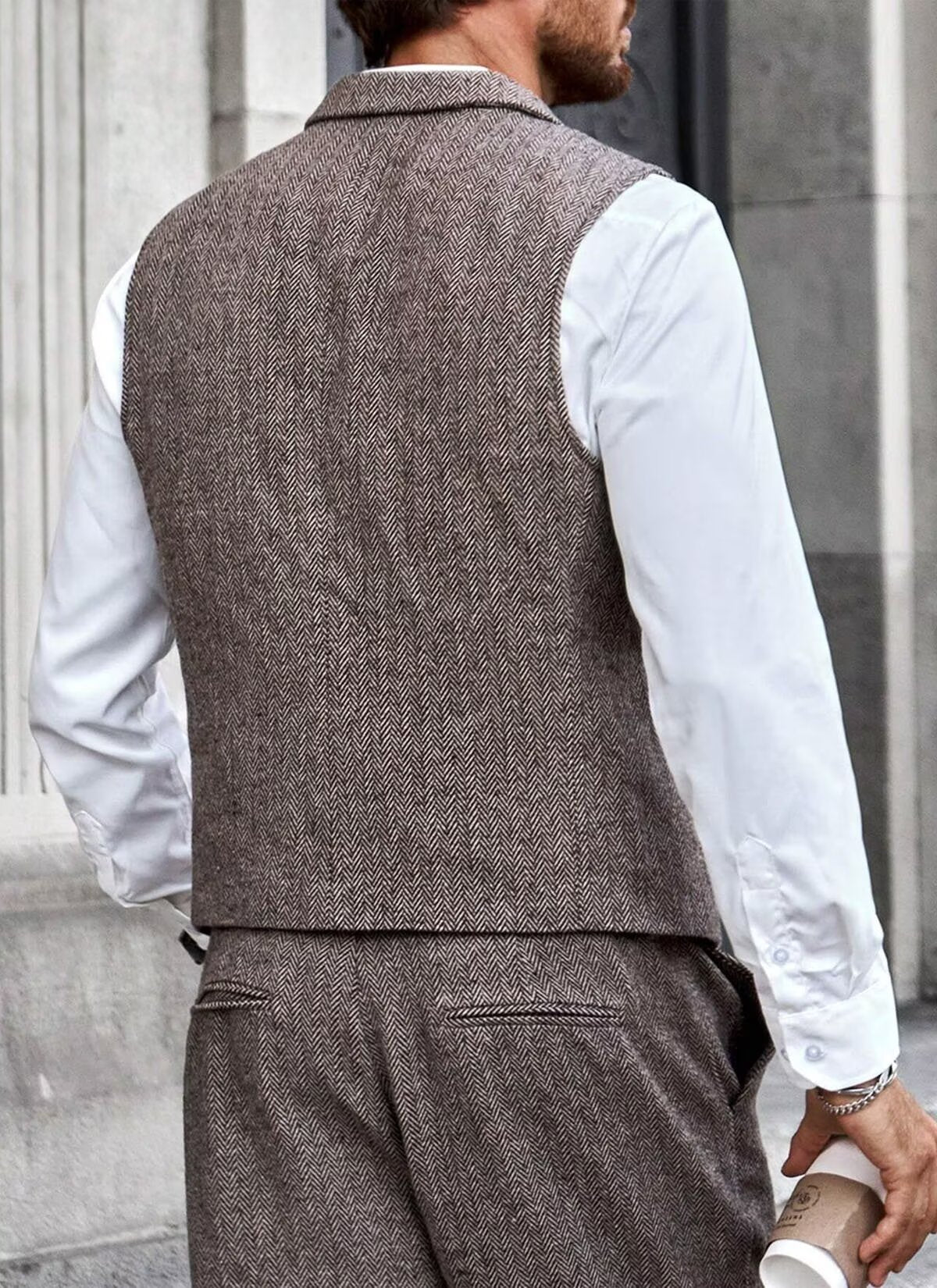 Notch lapel herringbone vest, close-up detail