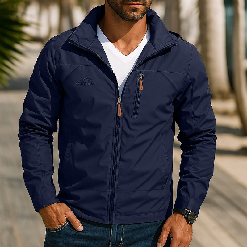Men's outdoor jacket with stand-up collar, full zip, long sleeves, navy blue.