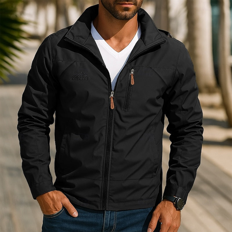 Men's outdoor jacket with stand-up collar, full zip, long sleeves, black.