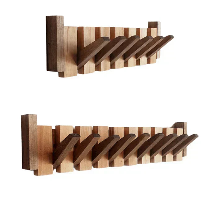Two-row fold-out wooden wall hook rack with staggered pegs