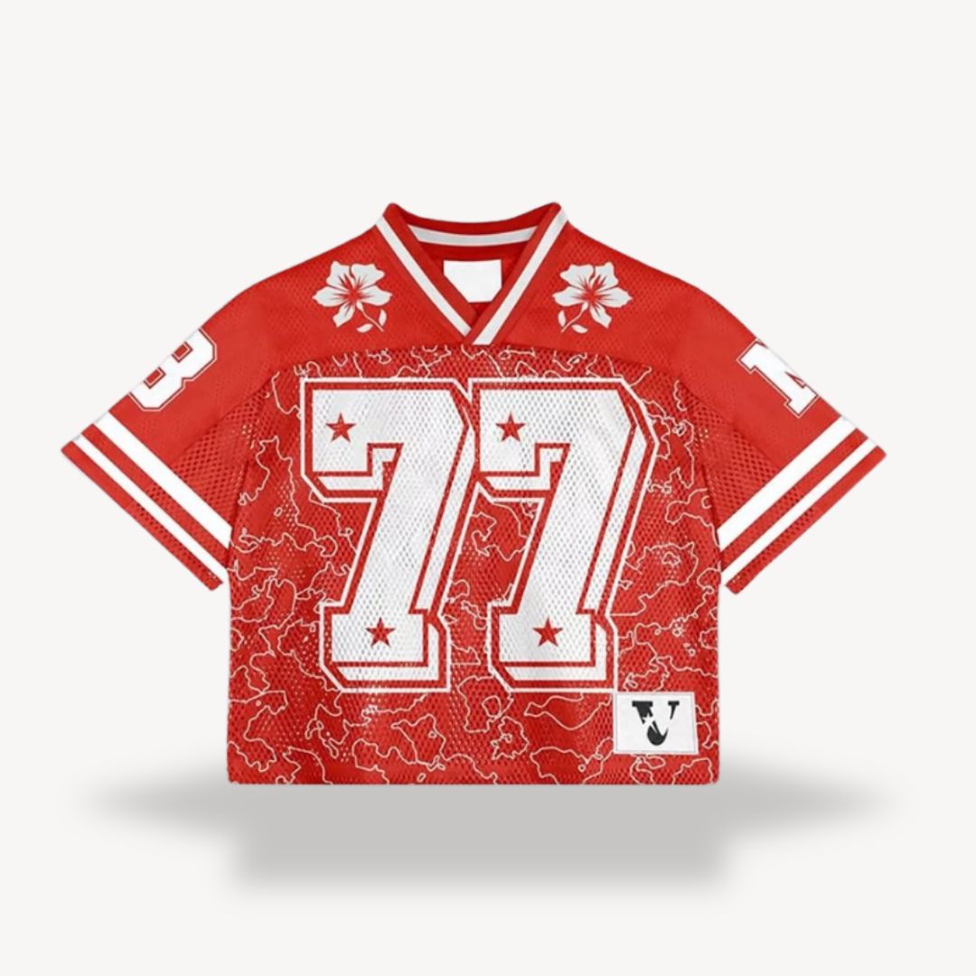 Red V-neck short sleeve jersey shirt with white trim and large front number design