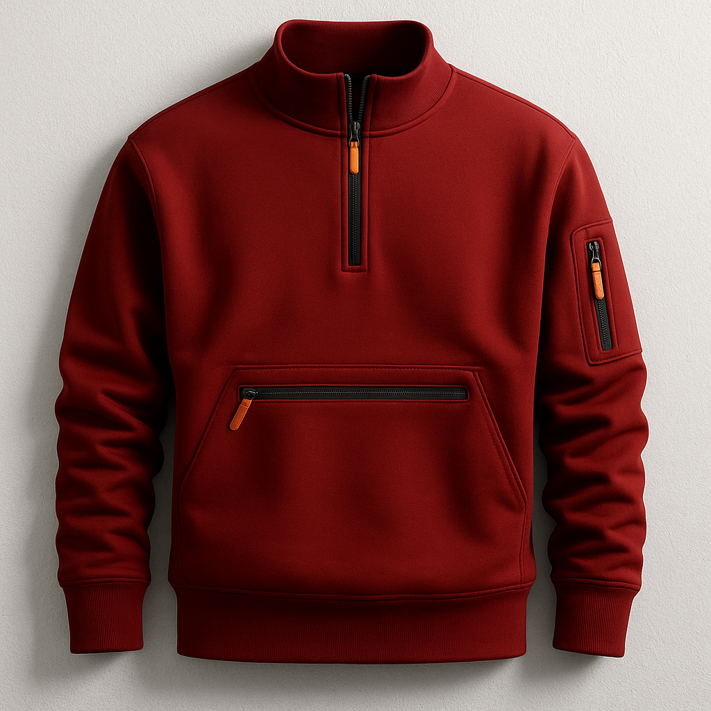 Men's red knit pullover with quarter-zip and kangaroo front pocket