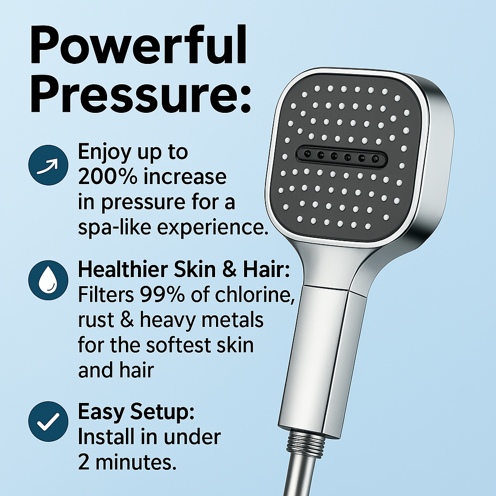 Silver high-pressure shower head with round nozzle plate and chrome handle