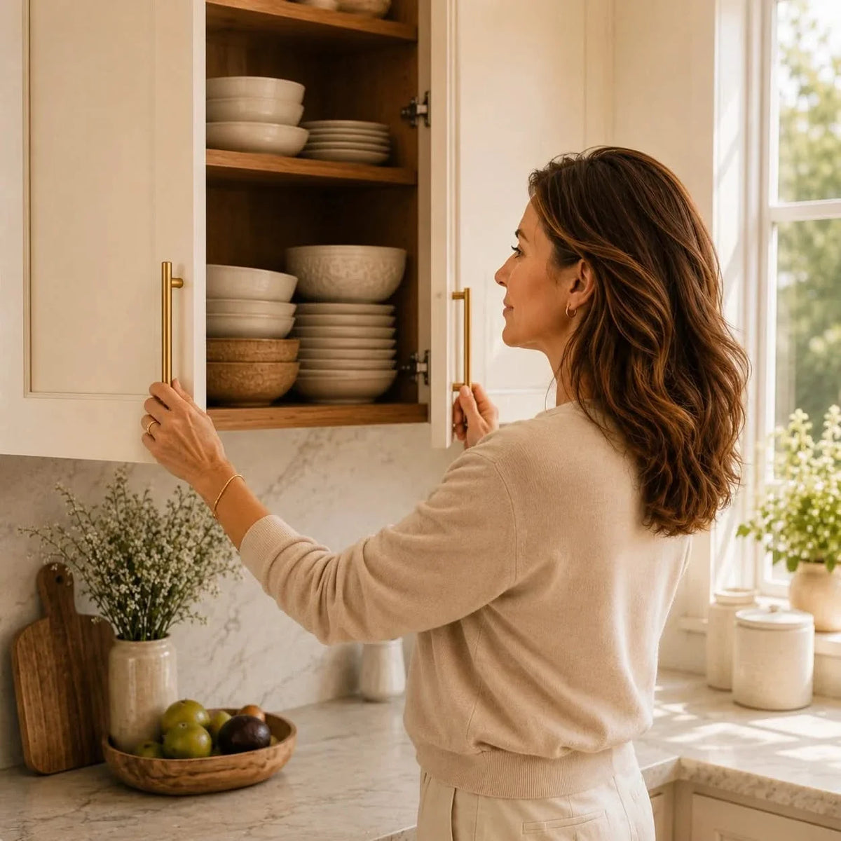 Gold cabinet handle set with two long bar pulls, shown being lifted by hand