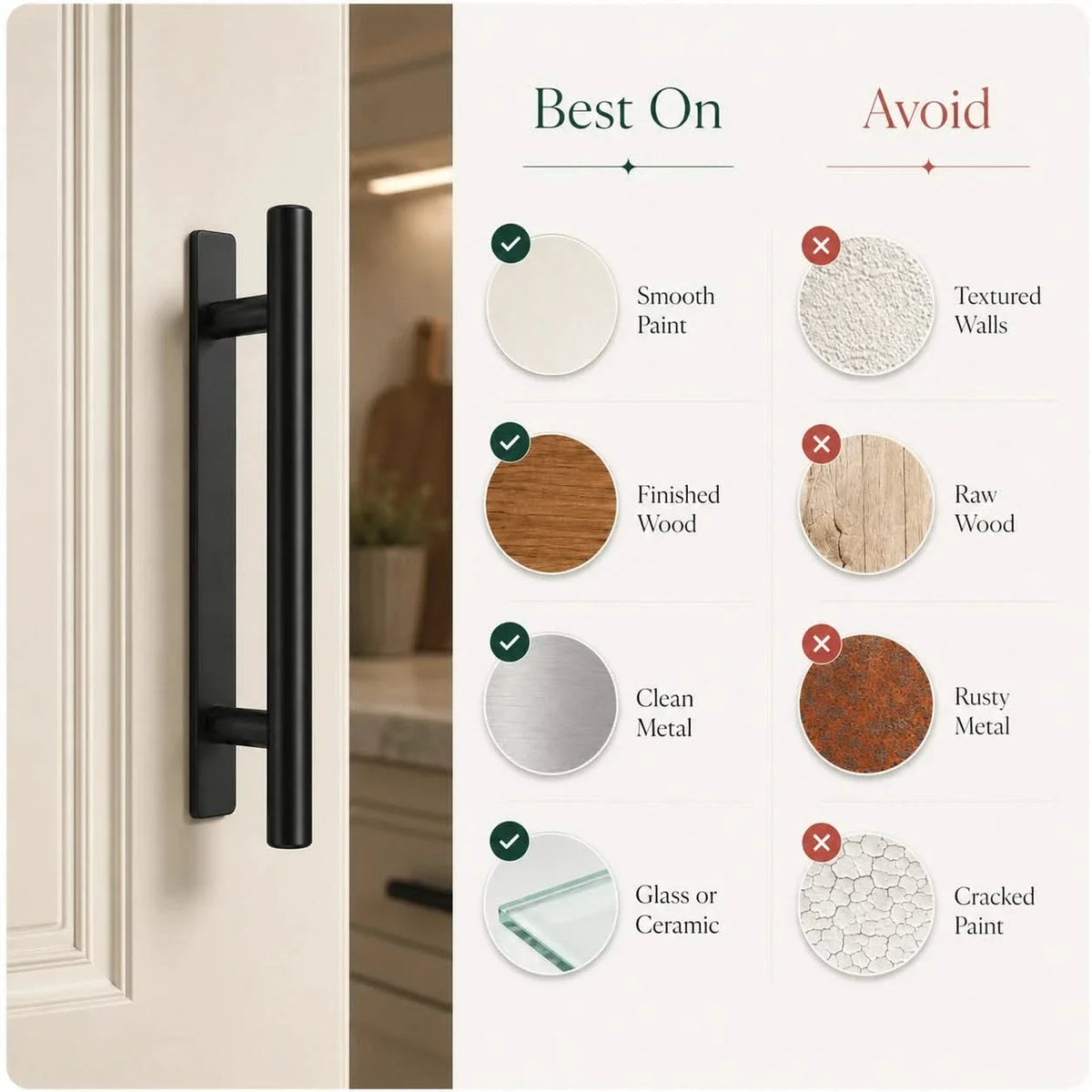 Black no-drill cabinet handle set with two long bar pulls on a cabinet door