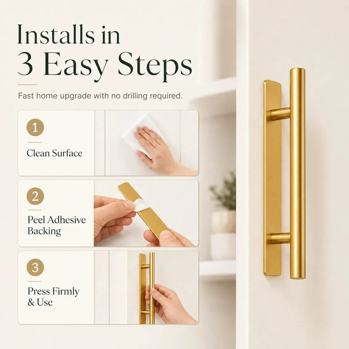 Gold cabinet handle set with two long bar pulls for cabinet doors