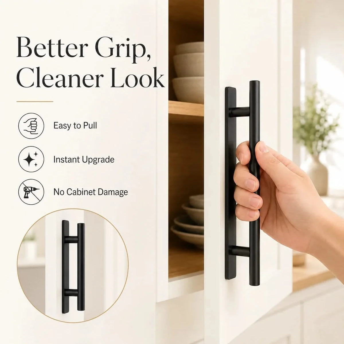 Black cabinet handle set with two long bar pulls, hand holding the handle