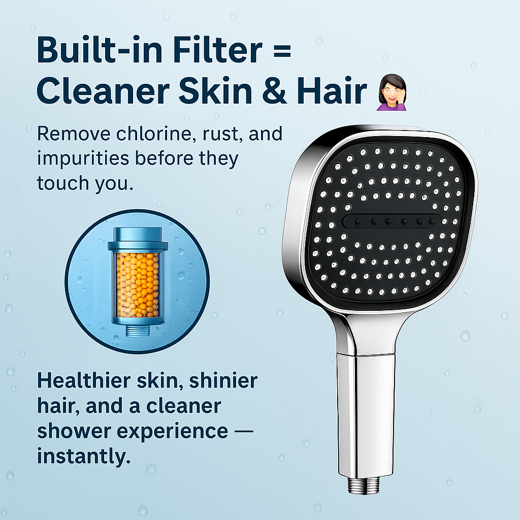 Shower head with built-in filter, featuring a round nozzle plate on a metal handle