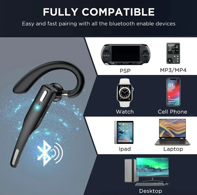 Black wireless earhook headset with full device compatibility chart for Bluetooth-enabled gadgets