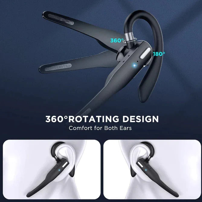 Black 360° rotating earhook headset with blue LED, comfort positioning shown for both ears