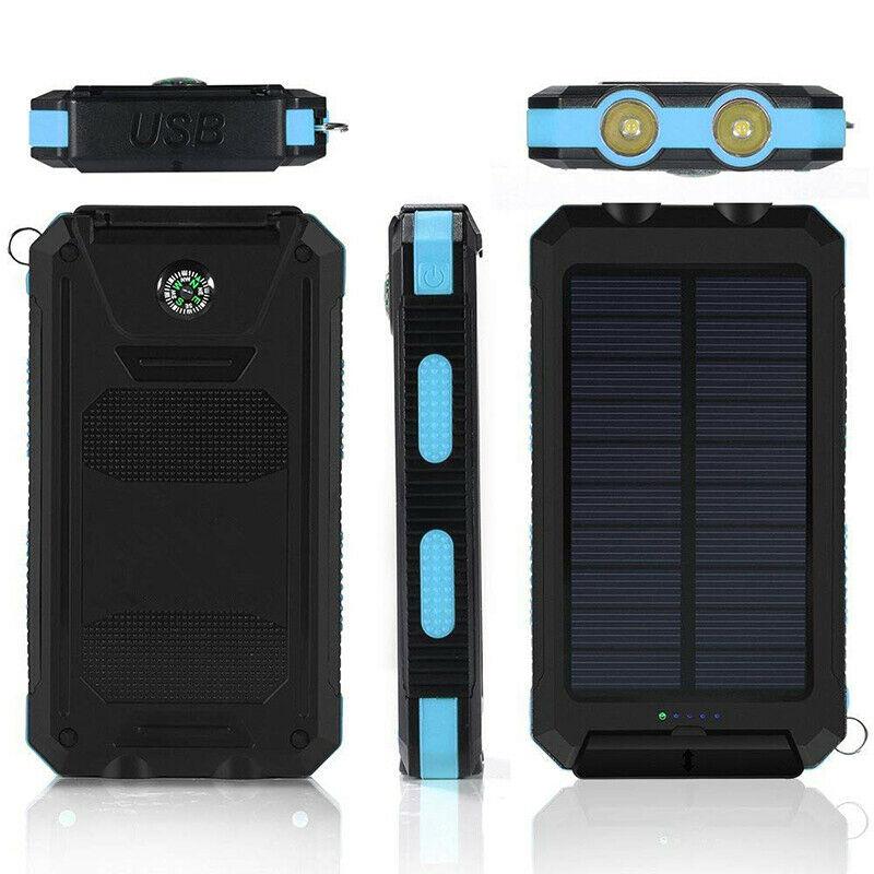 Solar waterproof power bank multi-view with USB port and blue LED indicator bars