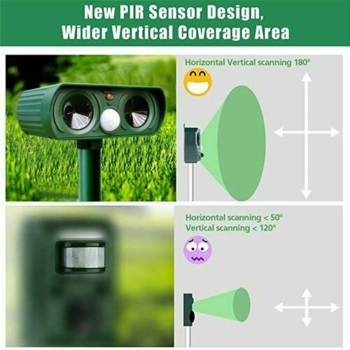 Green solar animal repeller sensor head on a stake with coverage diagram styling