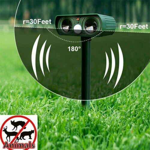 Green solar animal repeller stake in grass with 180 degree range arcs