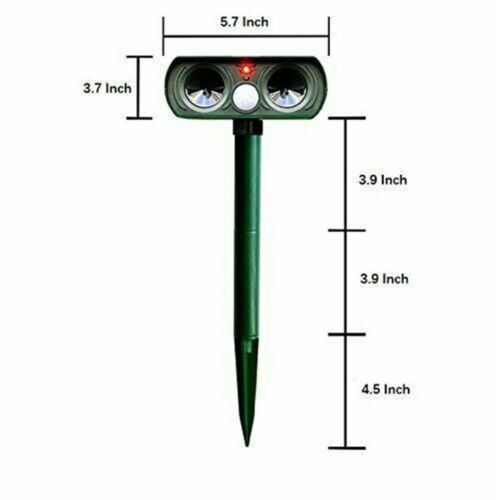 Solar animal repeller stake with dual sensor lenses and red LED, shown with measurements