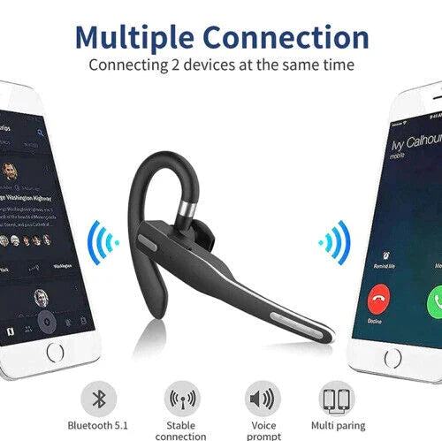 Black wireless earhook headset with boom mic, multi-device connection icons and Bluetooth symbols