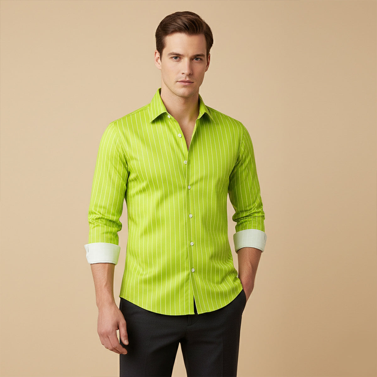 Men's lime green pinstripe button-down shirt, long sleeves, button front and collar.