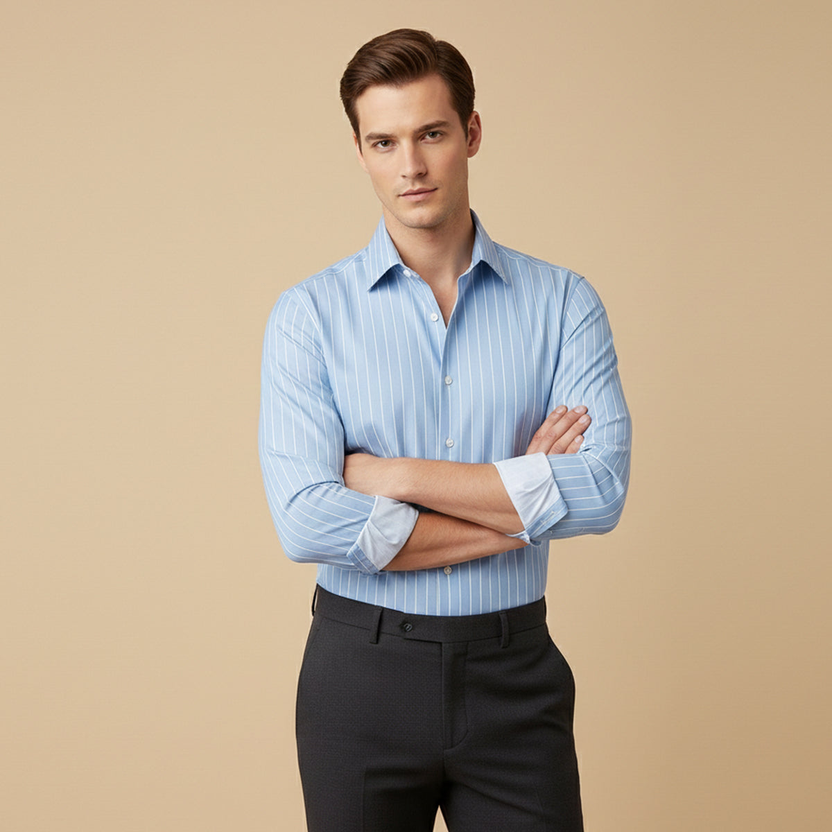 Men's light blue pinstripe button-down shirt, long sleeves, button front and collar.