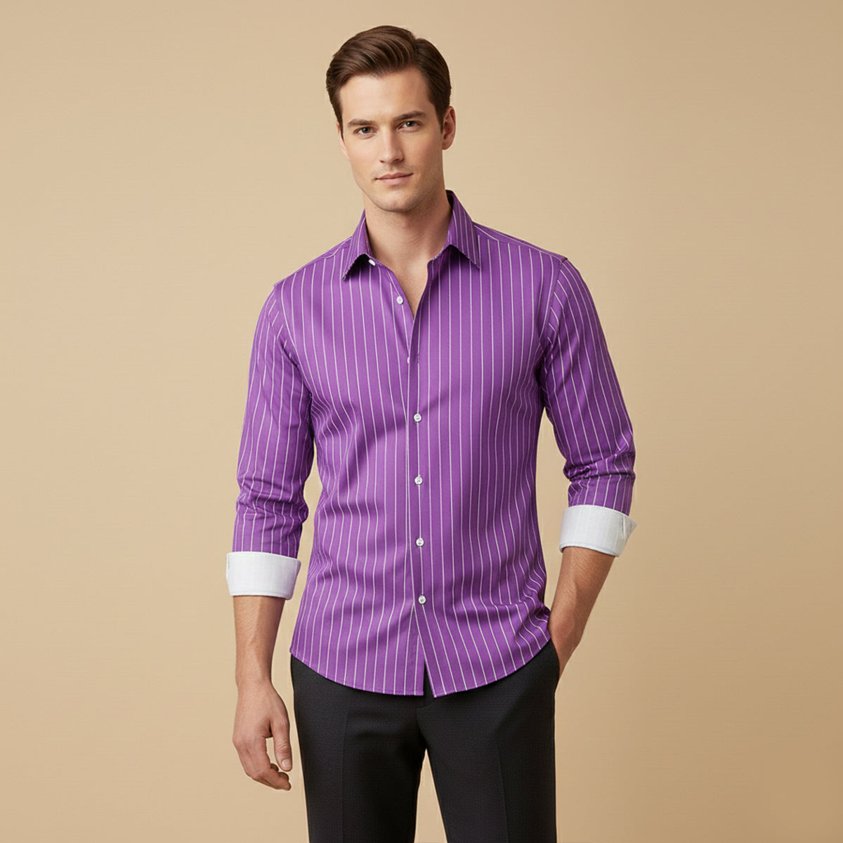 Men's purple pinstripe button-down shirt, long sleeves, button front and collar.