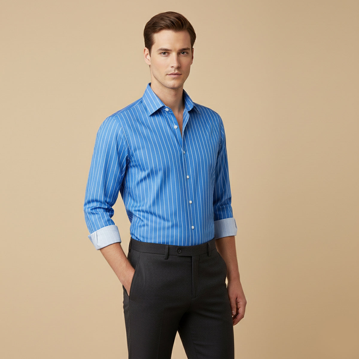 Men's royal blue pinstripe button-down shirt, long sleeves, button front and collar.