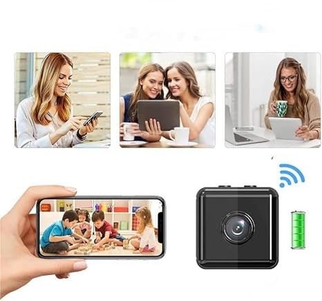 Mini wireless security camera with phone app thumbnails and small front lens device